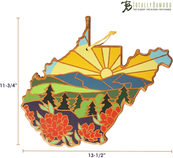 Totally Bamboo West Virginia State Shaped Cutting Board, Summer Stokes Art | State charcuterie board with colorful hand-drawn landscape art. Smooth reverse side for food prep. Hang tie for wall display.