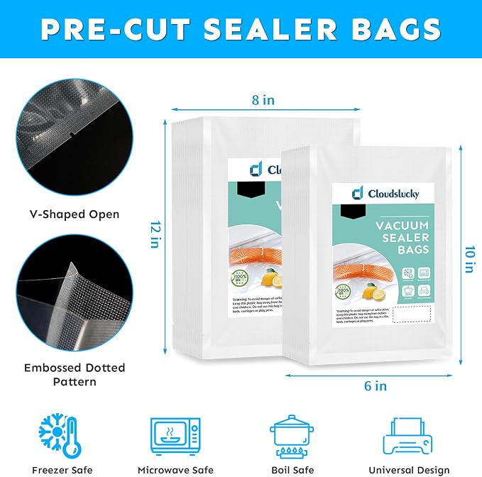 Vacuum Sealer Bags for Food Pint&Quart 6"x10"&8"x12" 200 Pcs Seal a Meal Bag, Food Saver Bags Sous Vide Bags Pre-cut Thick BPA-Free Textured Heavy Duty Vacuum Seal, Meat Cheese Dry Goods