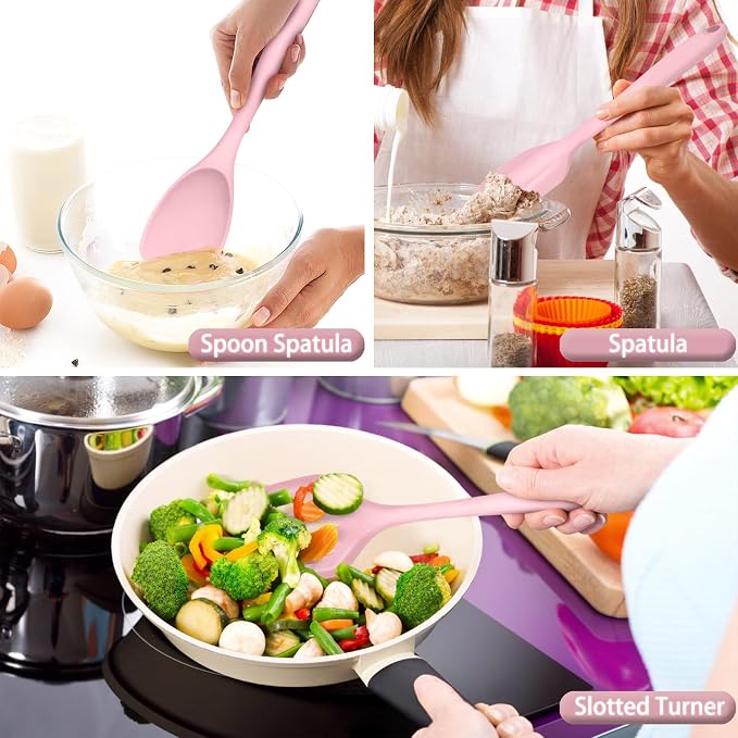 P&P CHEF Pink Kitchen Utensils, Silicone Cooking Utensil Set of 7 | Soft Spatula for Nonstick Cookware, Slotted Turner, Soup Ladle, Pasta Server, Spoon for Cooking, Dishwasher Safe & Heat Proof