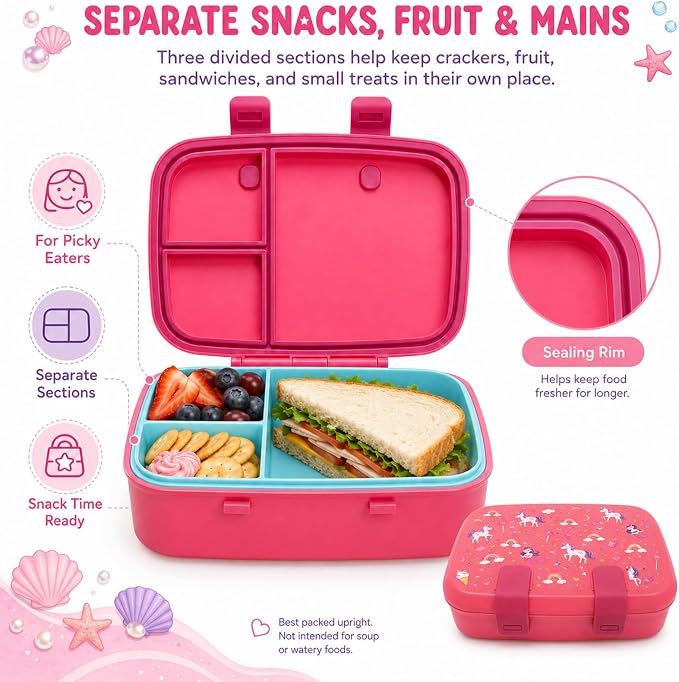 MISS BIG Microwave Safe Bento Box for Kids, Pink Mermaid Unicorn, 800ml | Kids lunch box with 3 compartments for preschool, daycare, school meals, snacks, and everyday kid portions
