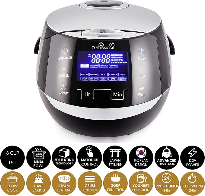Yum Asia Sakura Rice Cooker with Ceramic Bowl and Advanced Fuzzy Logic (8 Cup, 1.5 Litre) 6 Rice Cook Functions, 6 Multicook Functions, Motouch LED Display, 120V Power (Black and Silver)