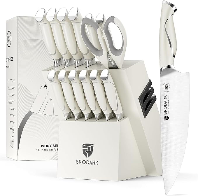 15Pcs Professional High Carbon Stainless Steel Knife Set With Block | Premium Ultra Sharp German Steel Kitchen Knives with Built-in Sharpener, Ergonomic White Handle, Ideal Gift, Ivory Series