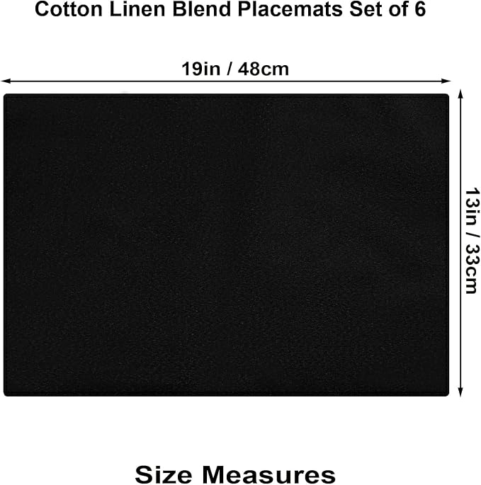 Cloth Placemats Set of 6, Cotton Linen Blend Place Mats, Black | Machine Washable, Double Layered, Heat Resistant, Fabric Dining Table Mats for Kitchen, Indoor & Outdoor, 13" x 19"