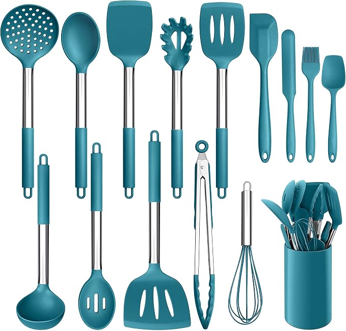 LIANYU 15-Piece Kitchen Cooking Utensils Set with Holder | Silicone Kitchen Tools Stainless Steel Handle, Slotted Spatula Spoon Turner Tong Whisk Brush for Cooking, Dark Blue