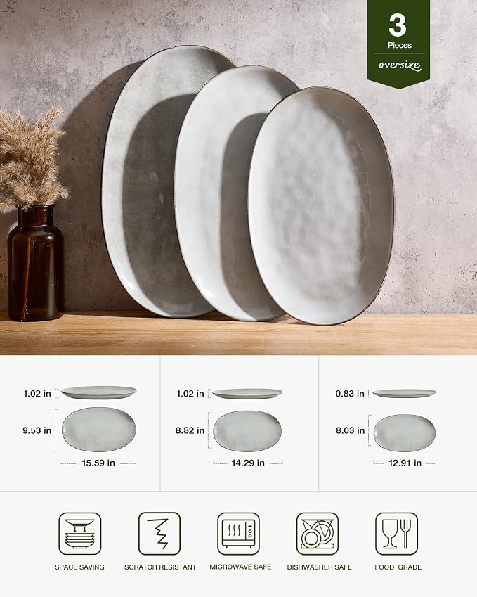 famiware Serving Platters Set of 3 Sizes - Oval, Grey | 15.59"/14.3"/12.9" Fine Stoneware Serving Trays for Party, Entertaining for Food, Turkey, Cheese, Microwave Dishwasher Safe