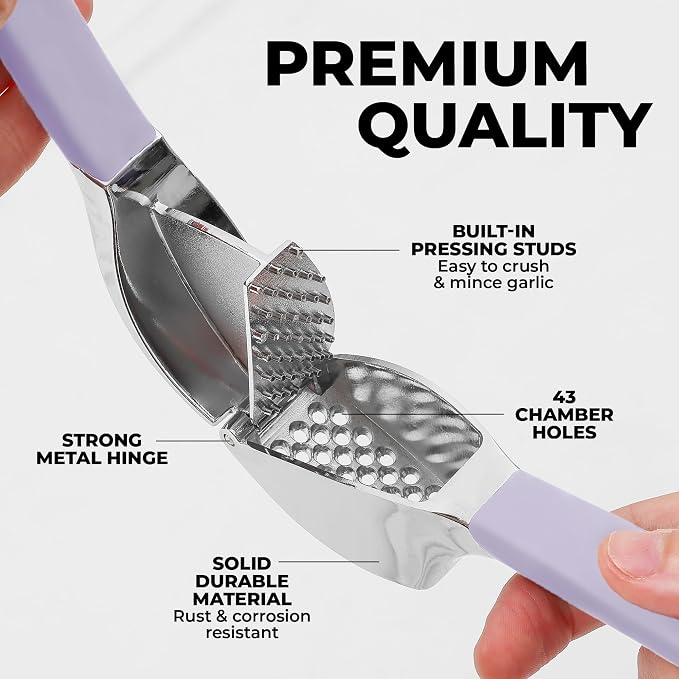 Zulay Kitchen Metal Comfort Grip Garlic Press | Garlic Mincer Tool - Garlic Crusher - Rust Proof Garlic Press, Ergonomic Handle, Easy Clean with Peeler and Brush - Lavender