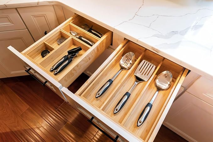 Bamboo Kitchen Utensils Organizer, Extra High Silverware Drawer Tray, Flatware Cutlery Storage Box, Multi-Use Holder in Office, Bathroom, Pantry - 15"x6"x2.5" (Set of 2)