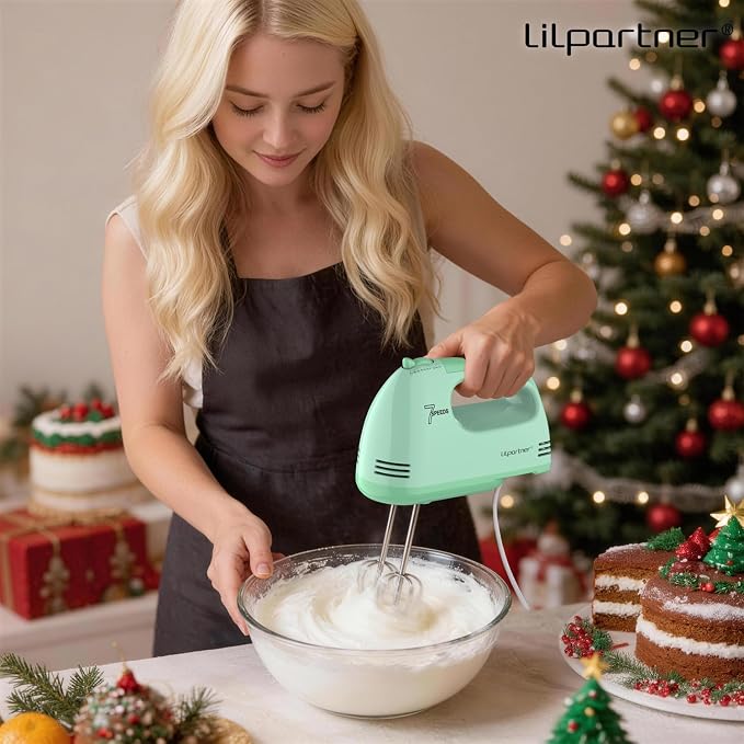 LILPARTNER Hand Mixer Electric, Ultra Power Kitchen Hand Mixer With 7-Speed & 5 Stainless Steel Accessories for Whipping Dough, Cream, Cake, Dishwasher Safe, Light Green