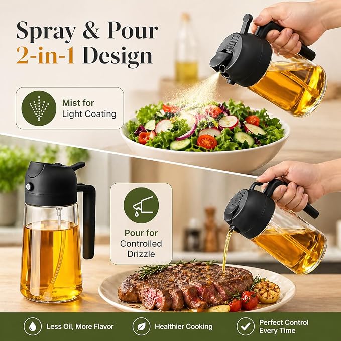 Oil Sprayer for Cooking, 2 in 1 Glass Olive Oil Dispenser and Spray Bottle, Fine Mist Olive Oil Mister with Pour Spout, One-Hand Kitchen Oil Dispenser for Salad, Veggies, Grilling