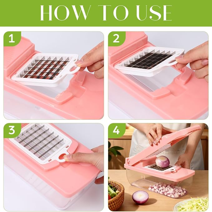 Pink Vegetable Chopper 16-in-1 Heavy Duty Food Chopper with Container Kitchen Spiralizer Gadgets for French Fry Onion Potato and Salad Cutter, Kitchen Tool