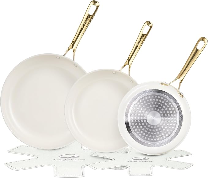 Ceramic Frying Pan with Stainless Steel handle 5Pcs Set, Non Stick Grill Pan Set, Dishwasher and Oven Safe, Cream White and Light Gold Handle