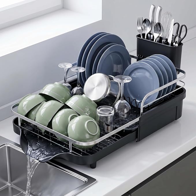 Dish Drying Rack, Expandable Stainless Steel Dish Drainer for Kitchen Counter, Rustproof Auto Draining Drainboard, Raised Guardrail, Detachable Utensil Holder, Space Saving Kitchen Organizer (1 Tier)