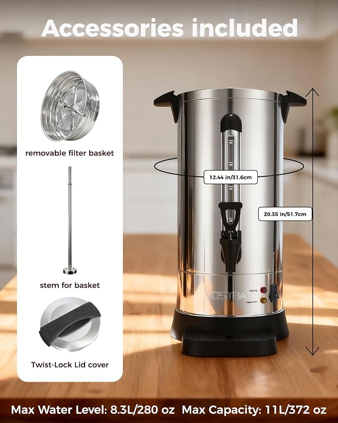 OSTBA 50-Cup Commercial Coffee Urn, 10L 304 Stainless Steel Percolator | 950W Fast-Brewing Coffee Maker and Hot Water Dispenser with Double-Wall Insulation for Home, Office, Catering and Events
