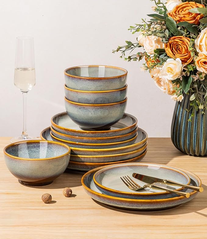 Ceramic Dinnerware Set for 4, 12-Piece Plates and Bowls Set | Handmade Reactive Glaze Dish Set, Scratch Resistant, Oven & Microwave & Dishwasher Safe, Dusk Blue
