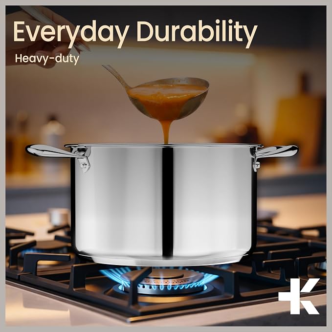 Stainless Steel Stockpot with Tempered Glass Lid 8 Quart, Durable 18/0 Stainless Steel, Impact-Bonded Base for Even Heating, Riveted Handles, Oven & All Stove Compatible, Safe Up To 500°F (260°C)