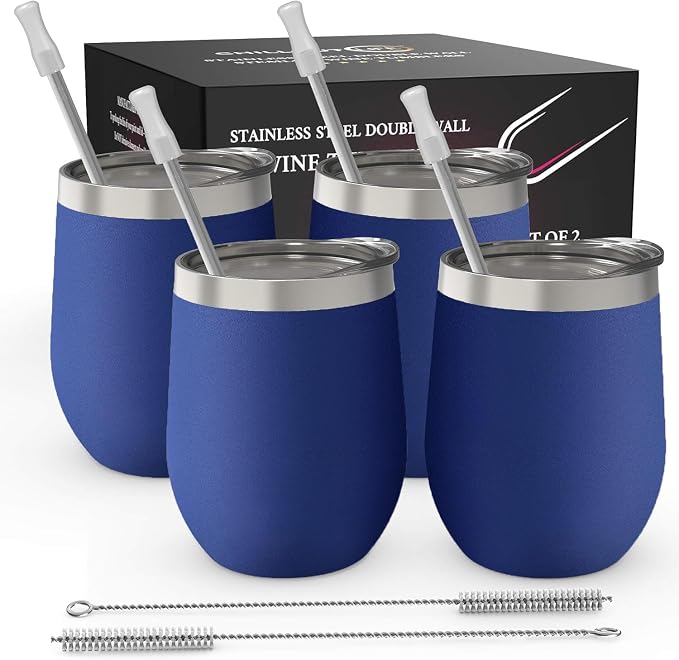 CHILLOUT LIFE 12 oz Stainless Steel Wine Tumblers 4 Pack - Double Wall Vacuum Insulated Wine Cups with Lids and Straws Set for Coffee, Wine, Cocktails - Powder Coated Navy Blue