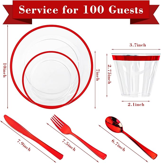 600PCS Clear & Red Plastic Plates, Disposable Dinnerware Set Heavy Duty | 100 Guest, 100 Dinner & Dessert Plates, Forks, Spoons, Knives, Cups, Red Rim, for Wedding Birthday Party Christmas