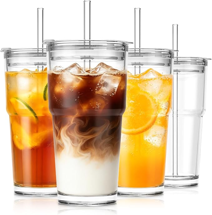SoulTimes 20oz Clear Tumbler with bamboo Lid and Straw – Iced Coffee Glasses Cups for Smoothie, Matcha, Juice, Water etc. Leakproof and Reusable Glassware Drinking for Travel To Go 【4 Pack】