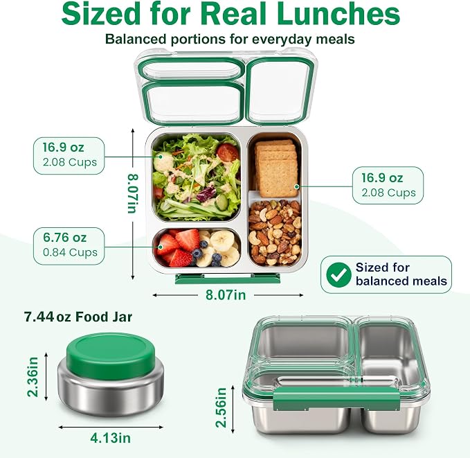 Pawtong Stainless Steel Bento Box Kids Adult with 7oz Insulated Food Jar, Transparent Lid Metal Lunch Box With Soup Thermal Jar, Lunch Box Container with Removable Divider & Sauce Cup School (Green)