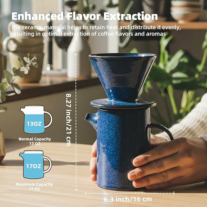 Pour Over Coffee Maker, Ceramic Pour Over Coffee Dripper Set With 20 Paper Filters, 16.5oz/500ml (Royal Blue, V02)