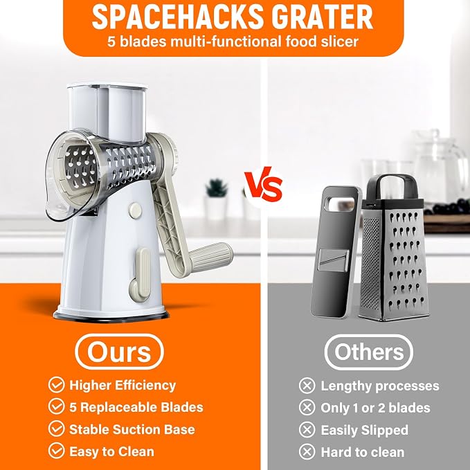 Rotary Cheese Grater Hand Crank, 5-in-1 Vegetable Chopper Spiralizer Slicer | Shredder with 5 Interchangeable Blades for Vegetable, Cheese, Fruit, with Blades Storage Box & Stable Suction Base (White)