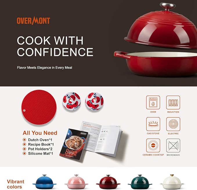Overmont Enameled Cast Iron Dutch Oven, 6QT Bread Oven with Dome Lid Recipe | Tall Bread Pot with Potholders, for Sourdough Bread Baking Artisan Loaves, Crispy Crust & Better Oven Spring, 500°F Oven Safe