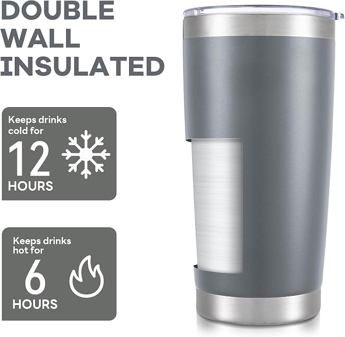 20 oz Tumbler with Lid Stainless Steel Insulated Tumblers Cups Travel Mug | Double Wall Vacuum, Powder Coated, Keep Drinks Cold and Hot, Waterproof Lid, Fit of Car Cup Holders, Grey
