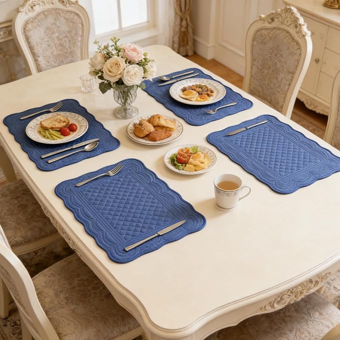 Quilted Placemats Set of 4 18"X13" Cotton Placemats Washable Cloth Table Mats for Kitchen Table (Dark Blue)
