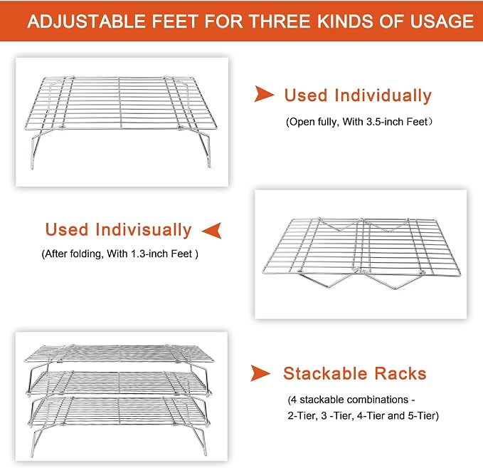 P&P CHEF 5-Tier Stainless Steel Cooling Rack, 16.5" x 11.4", Silver | Stackable Baking Cooking Racks for Cooling Roasting Grilling, Collapsible & Heavy Duty, Oven Safe & Easy Clean