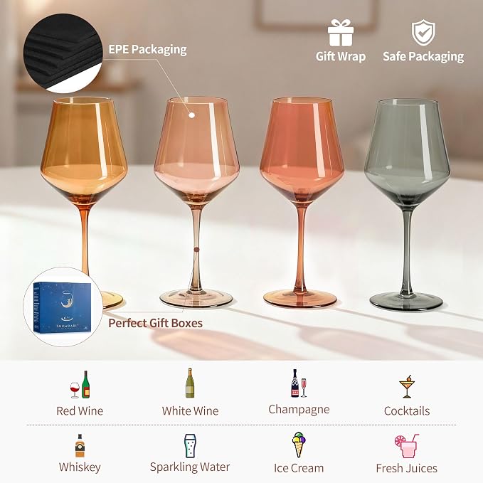 Colored Wine Glasses Set of 4, 13.5oz Lead-Free Crystal | Elegant Long Stem, Hand Blown, Autumn Tones, Fall Dinner Wedding Birthday Party, Ready-to-gift Box