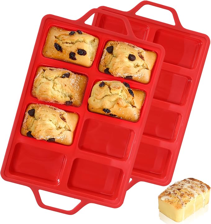 Mini Loaf Pans, Metal Reinforced Frame Silicone Mini Bread Loaf Pans 8 Cavities Nonstick for Baking Cornbread, Bread, Small Loaf, Brownie, Cheesecake, Chocolate 2 Pack Red