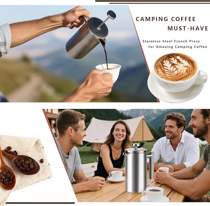 French Press 24 oz, Premium Stainless Steel French Press Coffee Maker 2 cup | Double Wall Insulated Coffee Presses, 304 Food Grade Stainless Body, Ideal for Camping Travel Home, Non Toxic, No Plastic