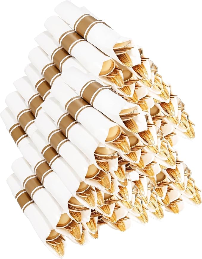 400PCS Gold Wrapped Silverware Set Disposable Hammered for Weddings | Pre-Rolled and Individually Wrapped, 100 Guests, Durable and Sturdy, BPA free, Includes Matching Napkins, for Upscale Dinners
