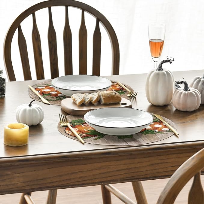 Artoid Mode Wood Pumpkins Round Fall Placemats Set of 4-14 Inch | Heat-Resistant, Washable Table Mats, Seasonal Autumn Kitchen Dining Decor