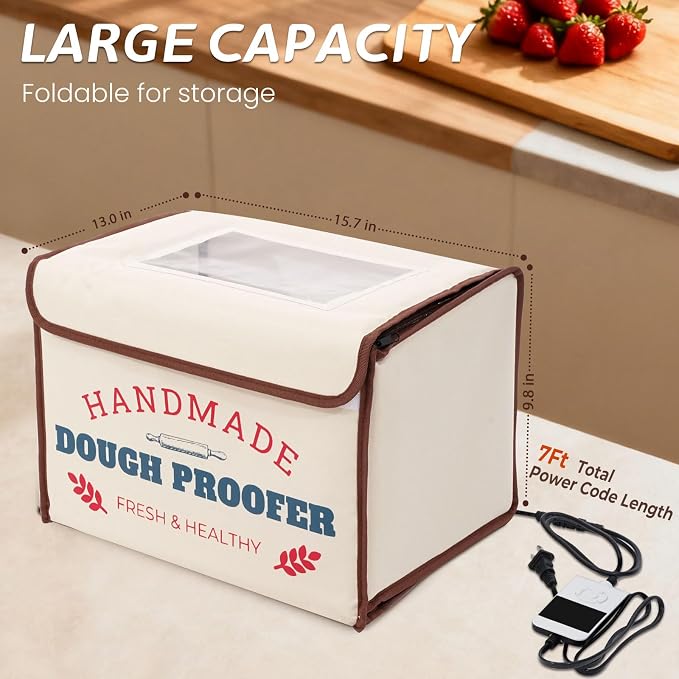 Bread Proofing Box with Heater 50-130°F 3-Sided Heat 24H Timer | Foldable heated fermentation box maintains 50-130°F with 3-sided heat for sourdough starter, pizza dough, yogurt and more