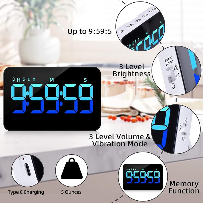 PERSUPER Kitchen Digital Timer, Count Down Up, Rechargeable, Vibration Mode | Adjustable Volume and Brightness LED Display, Time Management Cook, Desk, Kids Adults Study Teaching, Kitchen Gadgets Blue