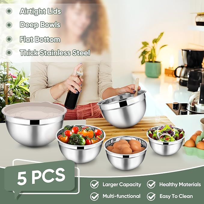 TeamFar Mixing Bowls Set of 5, Stainless Steel Metal Salad Bowls with Lids | 4.5/3/1.5/1/0.7 QT, Nesting Bowls, Ideal for Mixing Prepping Serving, Non-Toxic & Sturdy, Airtight Lid & Easy Clean, Khaki