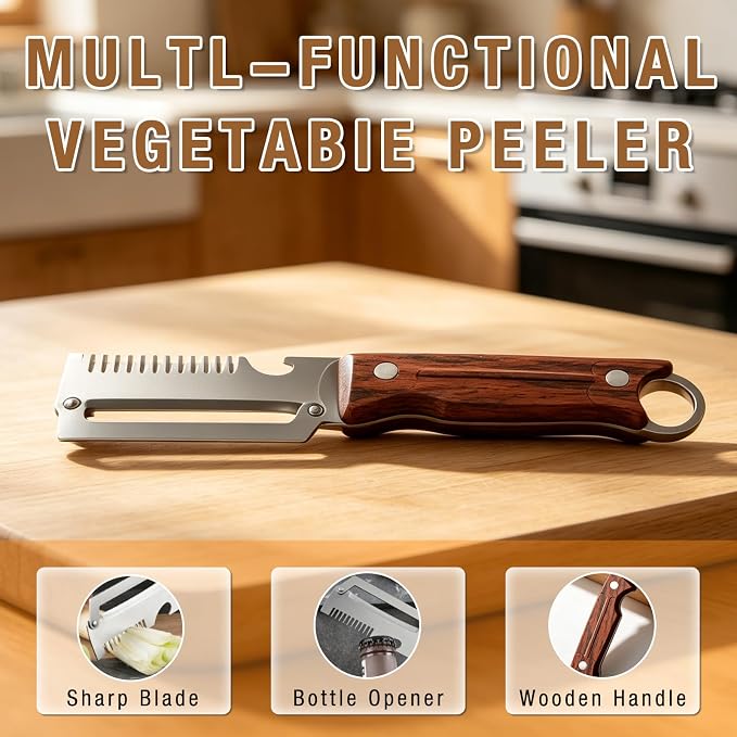 2Pcs 3-1 Multi-functional Vegetable Peeler,New Ktchen Multi-function Stainless Steel Thickened Fruit Peeler Knife with Wooden Handle and Bottle Opener for Vegetables or Fruits that Need to Be Peeled