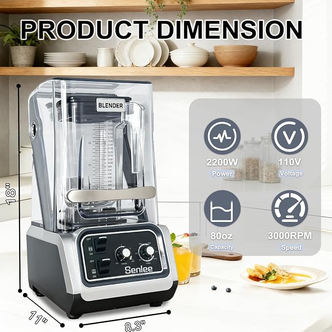 2200W Commercial Blender Quiet Shield Self-Cleaning Ice Crush 80oz Pitcher | 6-Leaf Stainless Steel Blade | Smoothie & Shake Maker for Restaurants, Commercial Kitchens | Heavy-Duty