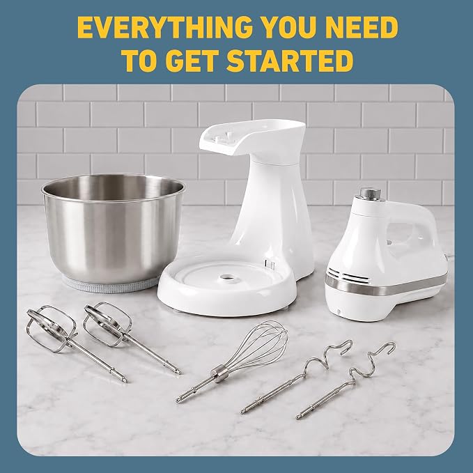 West Bend Two Sweet 2-in-1 Hand & Stand Mixer, 11 Speeds with Turbo Boost, 4.4 Qt Rotating Bowl, Dough Hooks, Beaters & Whisk, Tilt-Head Design, 550 Peak Watts, White