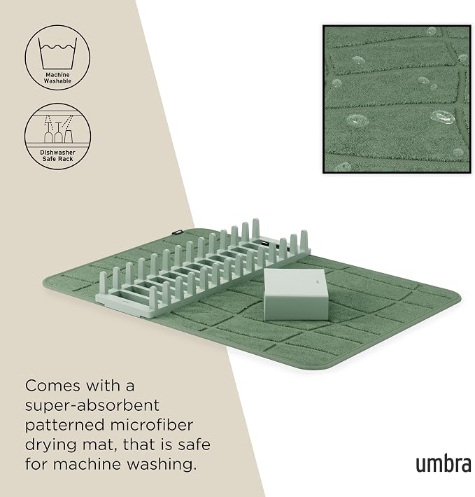 Umbra Udry Dish Drying Rack with Microfiber Mat, Foldable Drainer, Spruce | Machine washable, protects countertops, utensil holder, compact space saving design