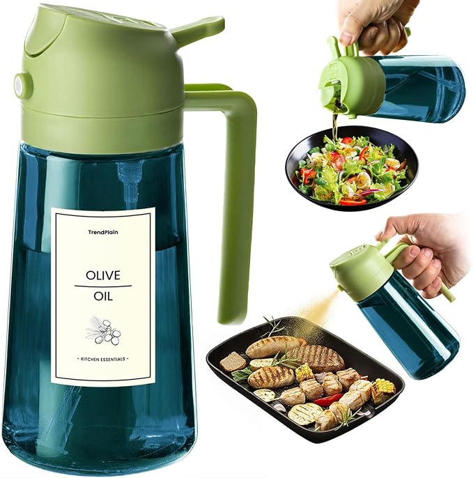 TrendPlain 16oz/470ml Blue Glass Olive Oil Sprayer for Cooking - 2 in 1 Olive Oil Dispenser for Kitchen Gadgets, Air Fryer, Salad, and BBQ - Green