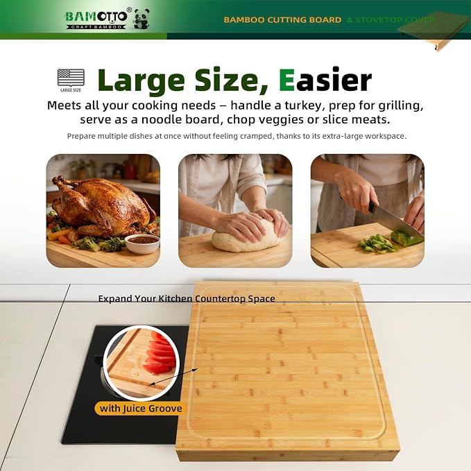 BAMOTTO CRAFTBAMBOO 20 x 22 Inch Large Bamboo Cutting Board — Stovetop Cover, Over the Sink Board, Noodle Board with Detachable Legs & Non-Slip Lip, Juice Groove for Kitchen Countertop