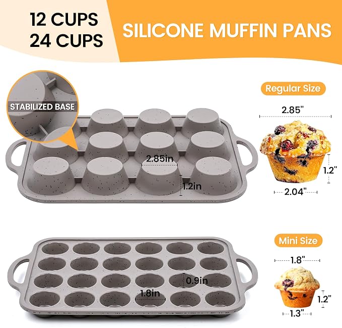 CAKETIME Silicone Muffin Pans for Baking, Metal Reinforced Frame Regular 12 Cups & Mini 24 Cups Cupcake Pan Set Nonstick Muffin Pan for Homemade Baking Easy to Handle