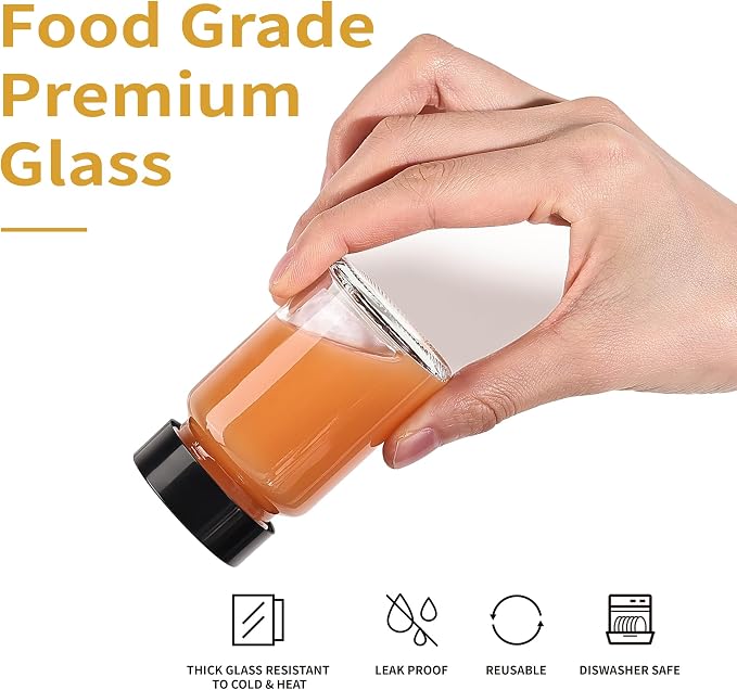 Glxgow 16 Pack 2 oz Glass Shot Bottles with Black Lids & Labels, Wide Mouth 60 ml Small Glass Bottles for Ginger, Leakproof Travel Mini Clear Jars for Wellness Shot, Juice - Dishwasher Safe