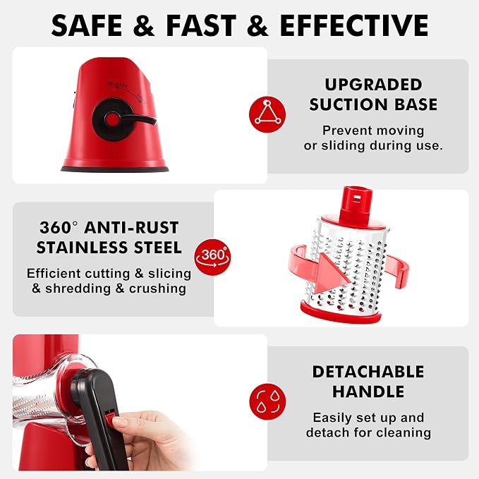 GDL Cheese Grater Hand Crank, Rotary Cheese shredder, Vegetable Slicer | 6 Stainless Steel Blades, 12x Fast Cutting, Non-slip Suction Base, No BPA, Dishwasher Safe, Easy Use for Cheese, Veggies, Nut
