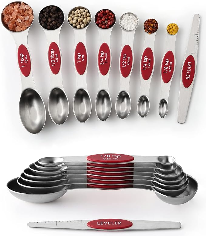 Spring Chef Stainless Steel 8 Magnetic Measuring Spoons Set, 2 Pack, Red | Nesting Teaspoon & Tablespoon Measuring Spoons w/ Leveler for Dry & Liquid Ingredients, Measure Spoons For Baking & Cooking