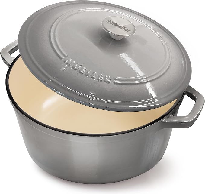 MUELLER HOME 4.5 QT Enameled Cast Iron Dutch Oven, Heavy-Duty Casserole Dish and Braiser Pan with Lid and Stainless Knob, Oven-Safe up to 500° F & Across All Cooktops, Grey | Heavy-Duty Casserole Dish and Braiser Pan, With Lid and Stainless Knob, Oven-...