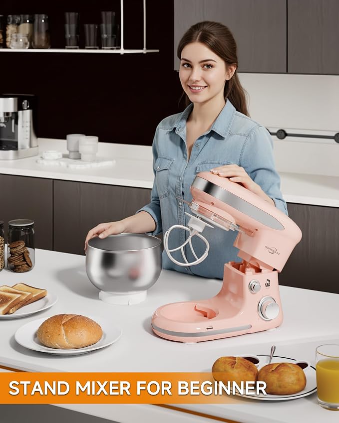 Stand Mixer 3.4QT Tilt-Head Pink Mixers 6+P Tilt-Head Speed | Portable Household Mixer for Daily Use with Egg Whisk,Dough Hook & Flat Beater,Perfect Dough Bread Mixer for Home Baking