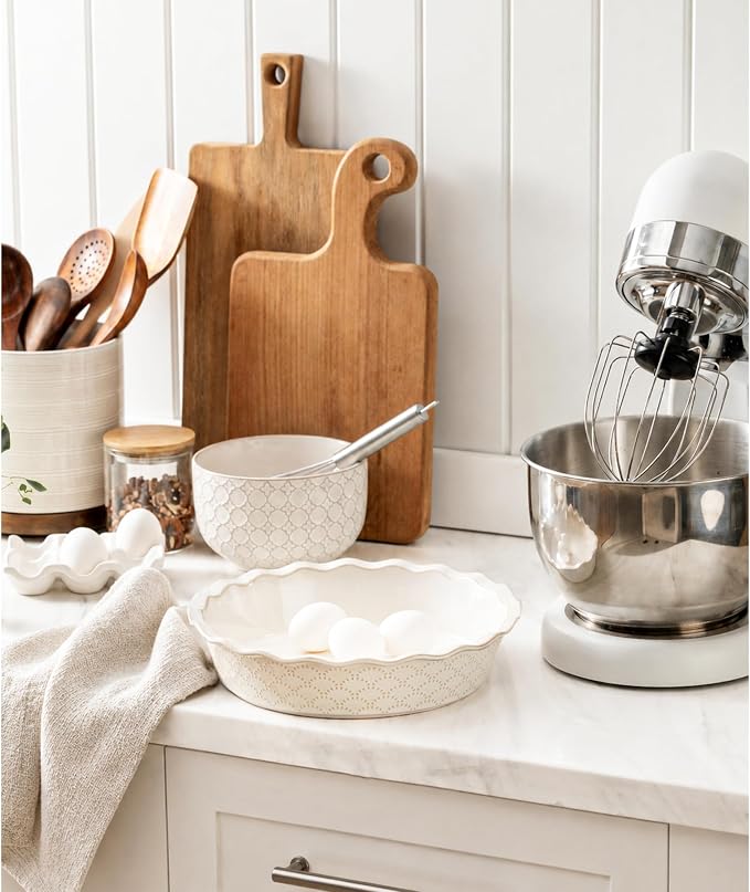 Deep Pie Dish for Baking, Ceramic Pie Pan for Apple Pie, Tart, Quiche Baking Dish, Farmhouse Decor Pie Plate, Deep Dish Pie Pan, Oven Safe, Off-White, Firework